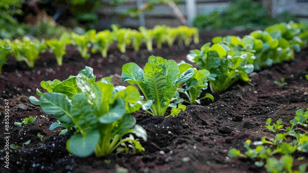 Fresh Green Lettuce Growing in a Garden Bed with Rich Soil on a Sunny Day Fresh Green Lettuce Growing in a Garden Bed with Rich Soil on a Sunny Day