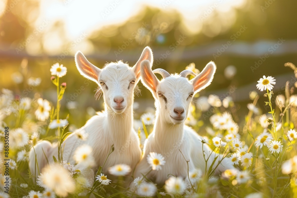Baby goats playing with flowers in a field. Farm animals. Baby goats playing with flowers in a field. Farm animals.