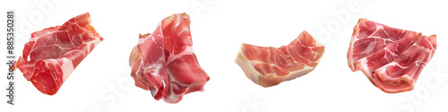 Slices of raw prosciutto ham isolated on a white background. Fresh, uncooked meat suitable for culinary uses in various dishes and recipes. photo