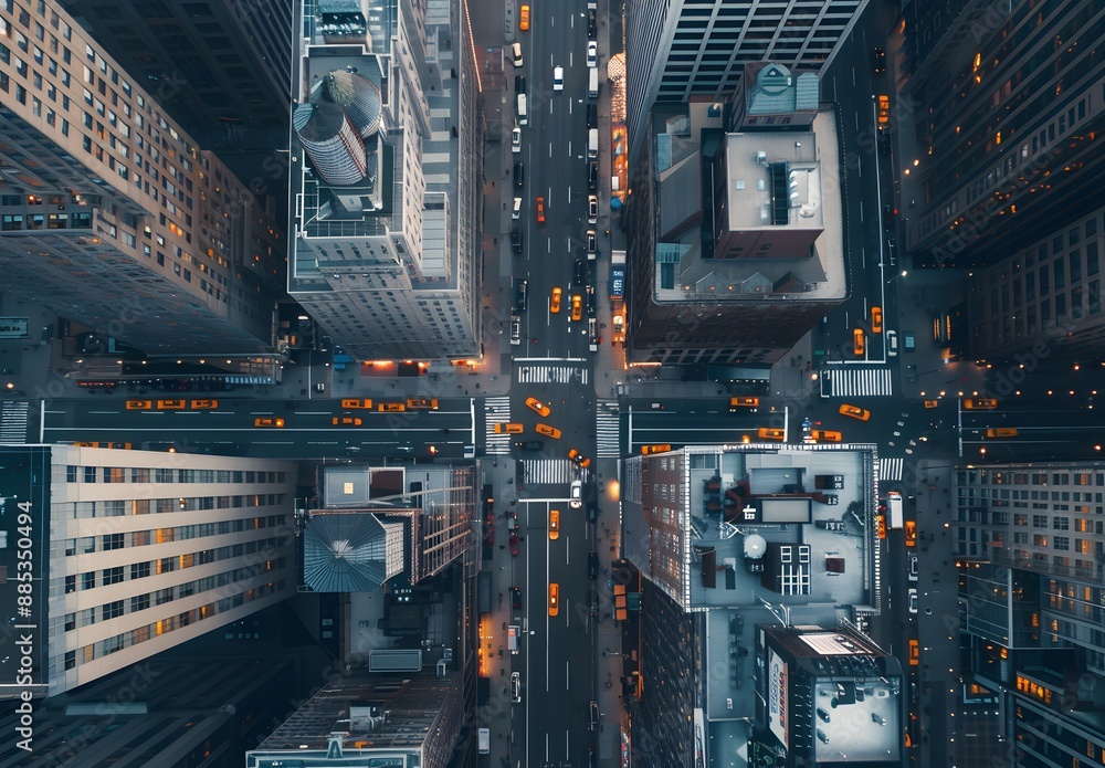 Aerial view of New York City buildings, street lights and cars. The cityscape is a mix of modern skyscrapers with vintage architecture. A bird's-eye perspective captures the bustling streets below. Aerial view of New York City buildings, street lights and cars. The cityscape is a mix of modern skyscrapers with vintage architecture. A bird's-eye perspective captures the bustling streets below.