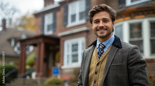 Young Professional Smiling in Front of Traditional Brick House on a Cloudy Day