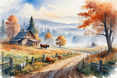 autumn landscape farm in the mountains, watercolor style