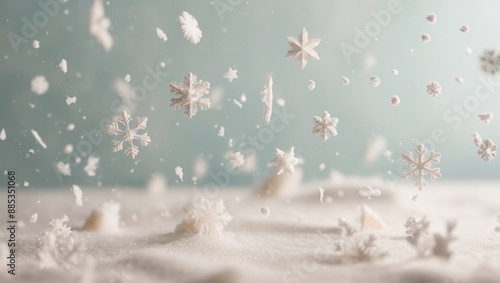 Falling snowflakes and bokeh lights spots with snowy shiny background with blue tint. Winter background photo