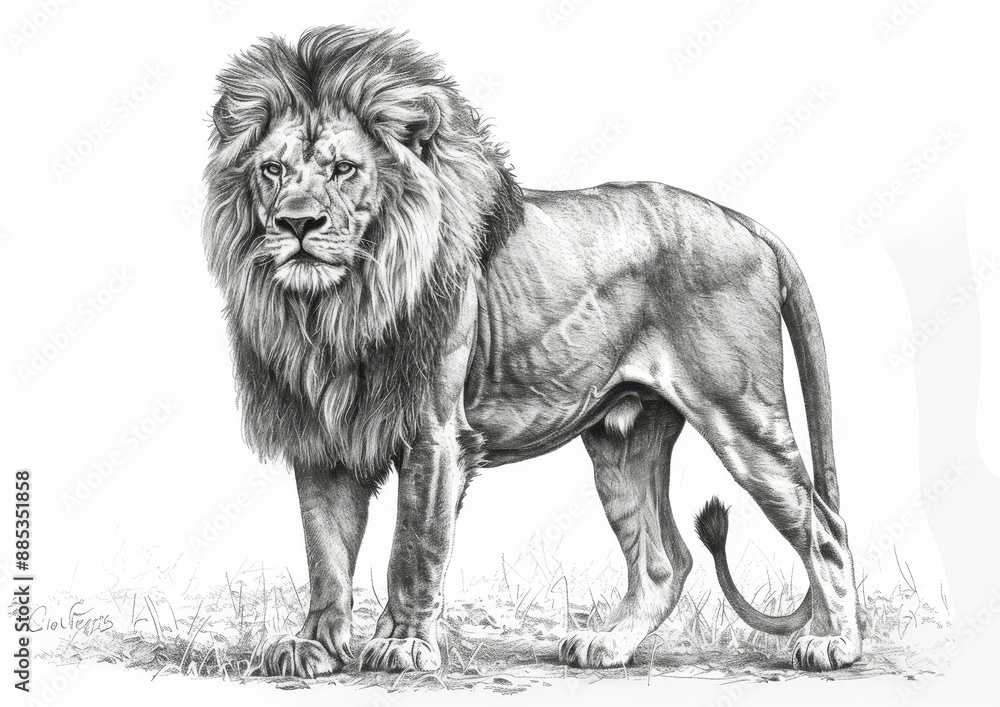 Fototapeta premium The male lion with a big shaggy mane is illustrated in pencil over a white background, a detailed drawing of a single lion standing, a big cat from Africa, drawn in pen and ink on a white background.