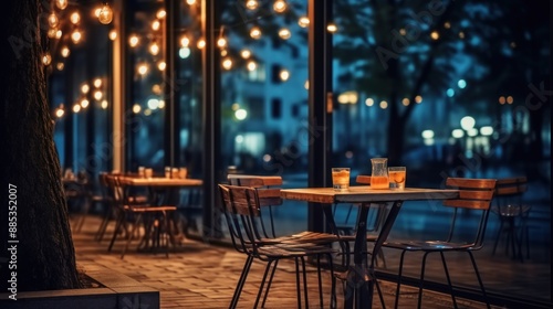 Outdoor cafe with tables and chairs at night. Street cafe with tables and chairs in the evening. Night view of cafe terrace with tables and chairs. Night view of a street cafe terrace. © John Martin
