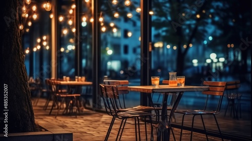 Outdoor cafe with tables and chairs at night. Street cafe with tables and chairs in the evening. Night view of cafe terrace with tables and chairs. Night view of a street cafe terrace.