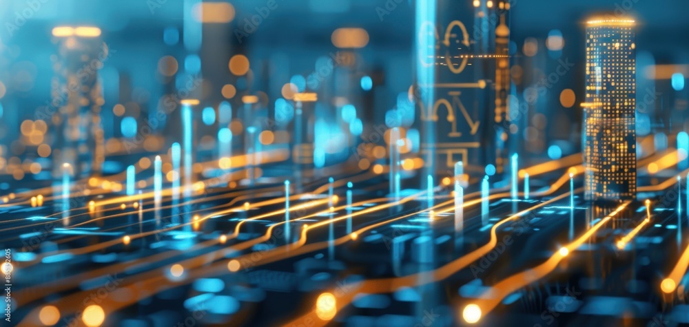 A futuristic view of a smart city where businesses utilize AI-driven financial analytics for decision-making A futuristic view of a smart city where businesses utilize AI-driven financial analytics for decision-making