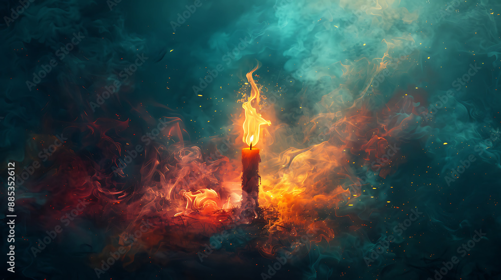 Mystical candle flame surrounded by colorful smoke and sparks, creating a mesmerizing and magical atmosphere. Mystical candle flame surrounded by colorful smoke and sparks, creating a mesmerizing and magical atmosphere.
