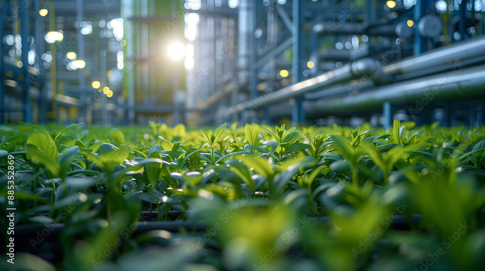Naklejka premium A field of green plants is shown in a greenhouse