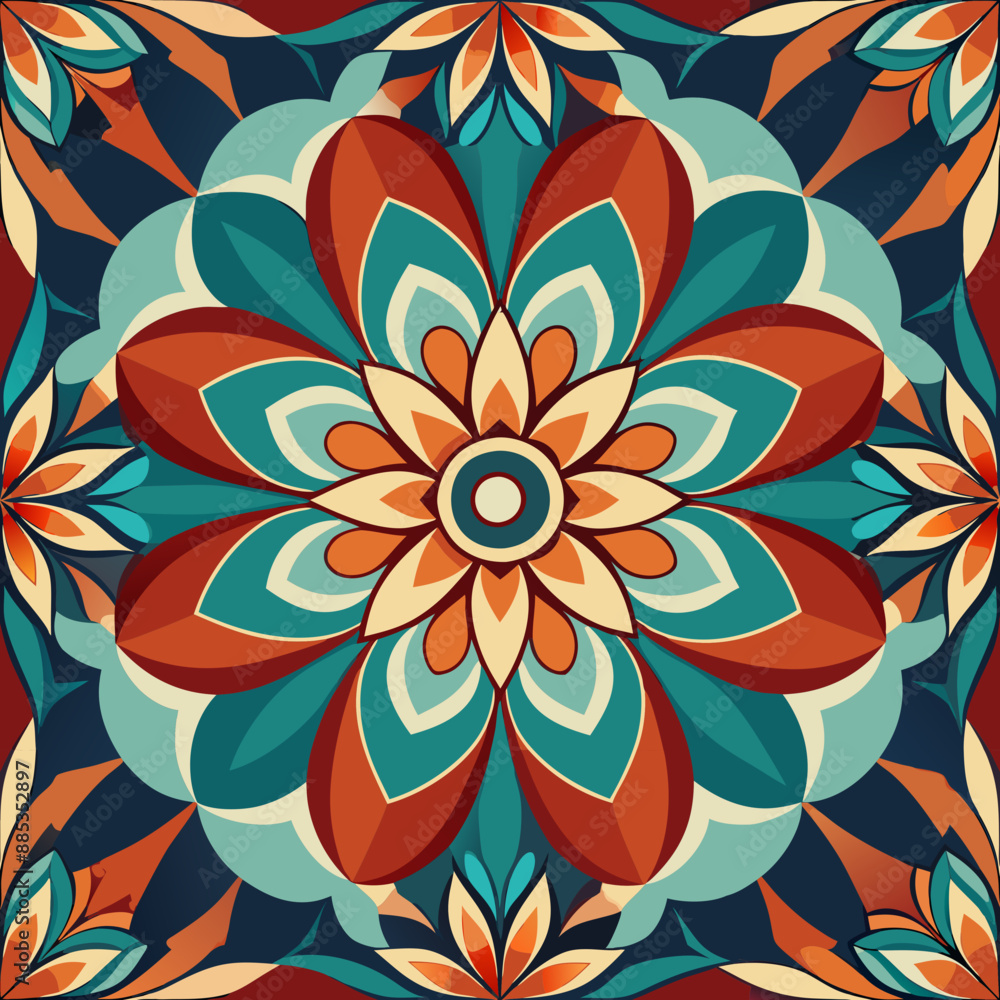 A mandala design showcases intricate patterns in shades of teal, orange, and cream A mandala design showcases intricate patterns in shades of teal, orange, and cream