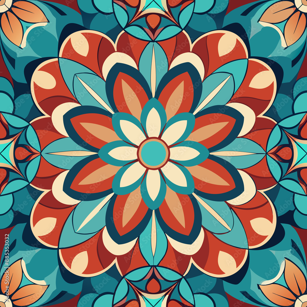A mandala design showcases intricate patterns in shades of teal, orange, and cream A mandala design showcases intricate patterns in shades of teal, orange, and cream
