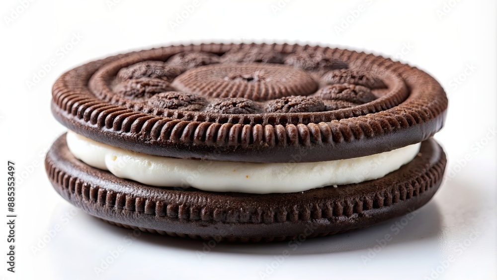 Close-up shot of a delicious Oreo cookie with creamy filling, food, snack, dessert, chocolate, biscuit, cream, sandwich, treat Close-up shot of a delicious Oreo cookie with creamy filling, food, snack, dessert, chocolate, biscuit, cream, sandwich, treat