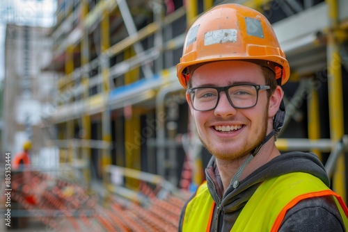 An image of a smiling teenage construction trainee wearing a hardhat