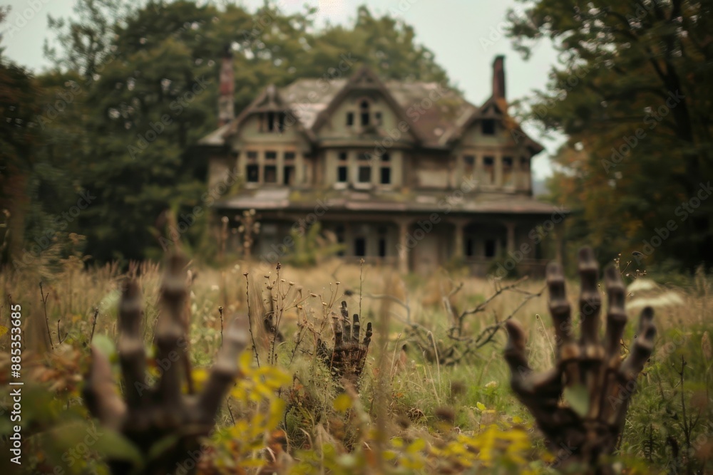 A haunted house with a spooky, overgrown garden and skeletal hands reaching out of the ground A haunted house with a spooky, overgrown garden and skeletal hands reaching out of the ground