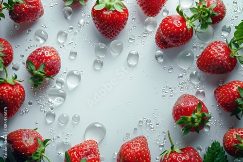 Ripe red strawberries with water droplets on a white surface photo