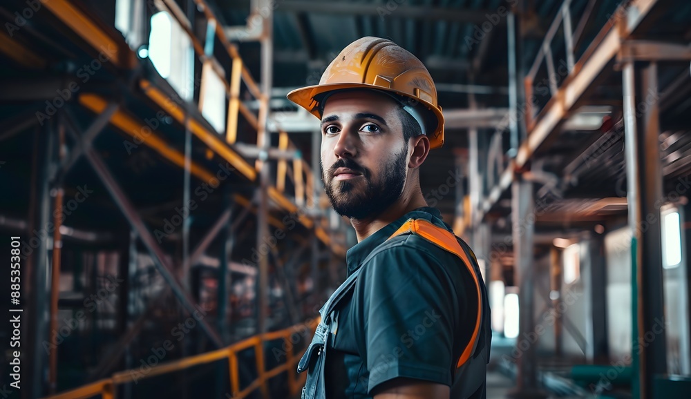 Portrait of an industrial worker wearing overalls and helmet, standing in the interior space of a construction site. Portrait of an industrial worker wearing overalls and helmet, standing in the interior space of a construction site.
