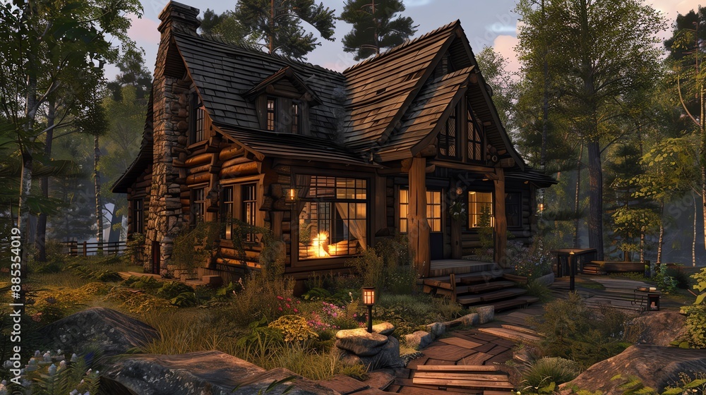 Cozy log cabin with a stone hearth Cozy log cabin with a stone hearth