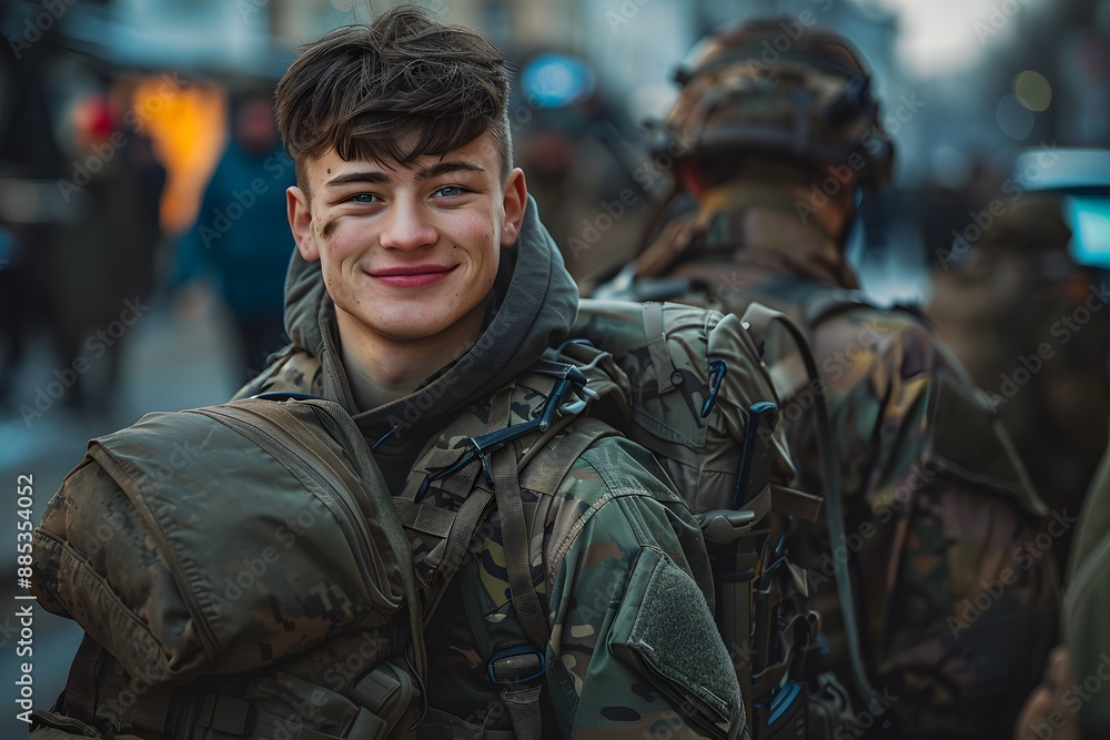 Fototapeta premium Young Soldier Smiling Amidst Fellow Troops in Urban Setting