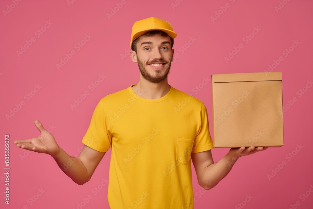 Design concept for online stores and goods delivery. Delivery worker in yellow t-shirt and box in hands on pink background. Design concept for online stores and goods delivery. Delivery worker in yellow t-shirt and box in hands on pink background.