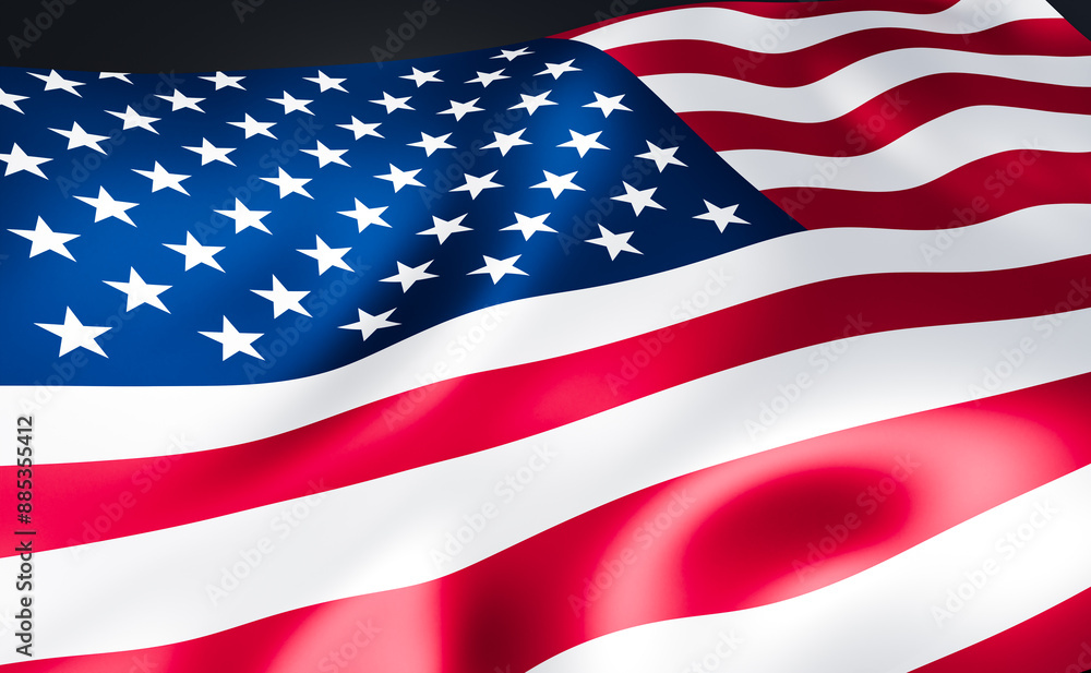 Flag of United States, shiny cloth. Banner, symbol and American culture. Country, nation, election, government, politics and society. 3D illustration Flag of United States, shiny cloth. Banner, symbol and American culture. Country, nation, election, government, politics and society. 3D illustration