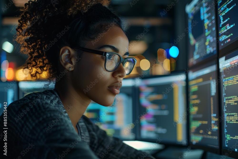 Working late at night, a dedicated woman programmer is fueled by coffee and driven by determination to meet project deadlines. Working late at night, a dedicated woman programmer is fueled by coffee and driven by determination to meet project deadlines.