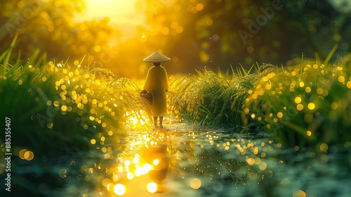 Golden Sunrise Over Lush Green Rice Fields with Farmer in Traditional Hat Walking Through Dewy Path photo