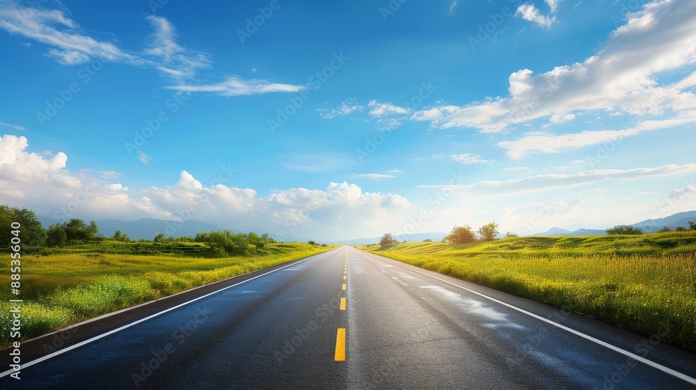 Scenic countryside road through a lush green field on a bright sunny day Scenic countryside road through a lush green field on a bright sunny day