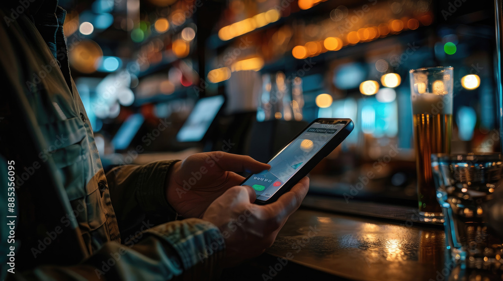 Man Using Mobile Payment at Restaurant or Bar Terminal