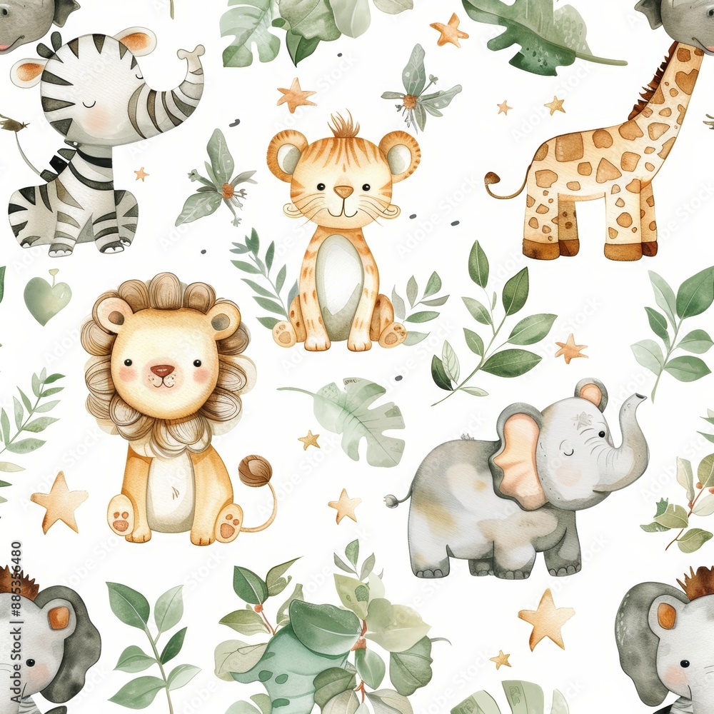 Obraz premium White Safari Animals Watercolor Baby Nursery Seamless Pattern