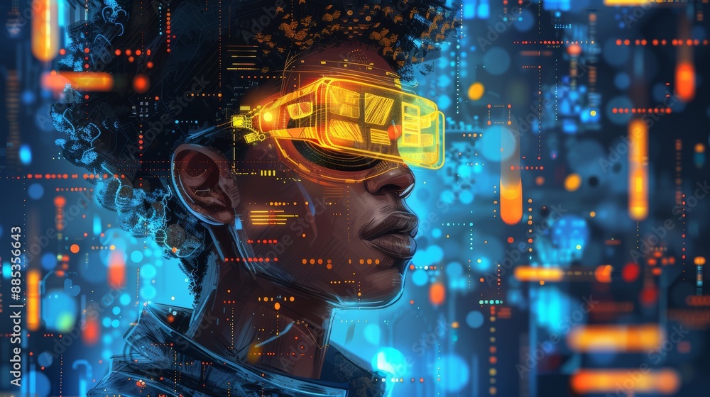 Futuristic Portrait of a Young Person Wearing Augmented Reality Glasses in a Digital Environment Futuristic Portrait of a Young Person Wearing Augmented Reality Glasses in a Digital Environment