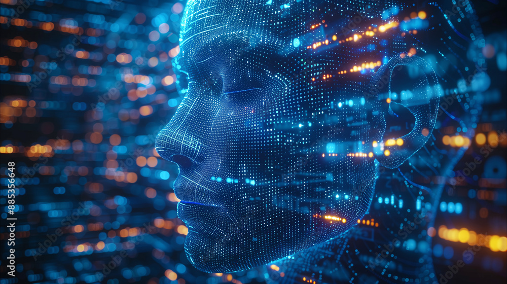 A digital human head composed of blue code A digital human head composed of blue code