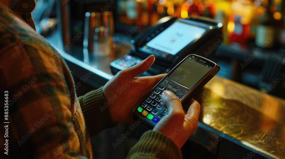 Man Using Mobile Payment at Restaurant or Bar Terminal Man Using Mobile Payment at Restaurant or Bar Terminal