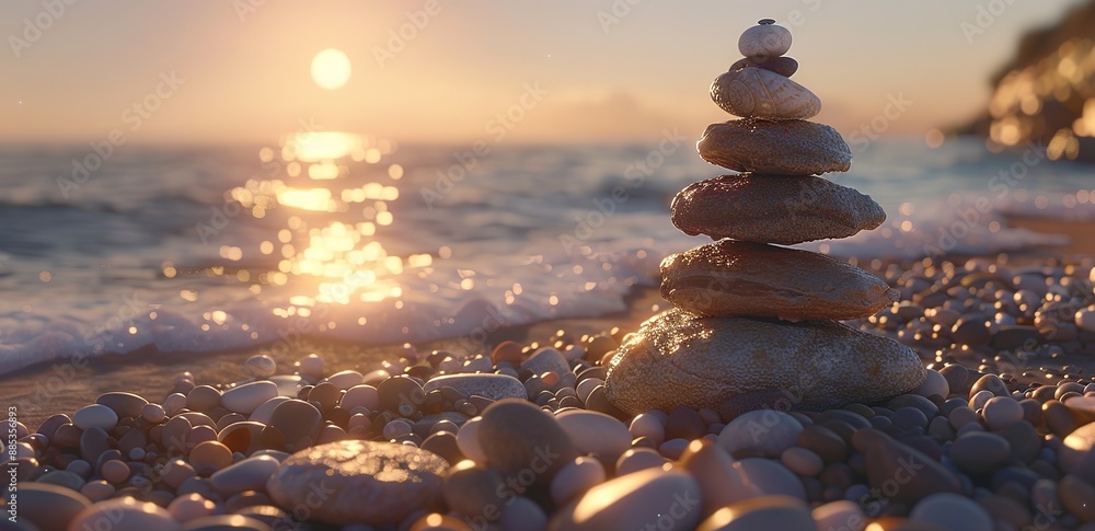 Obraz premium a pile of zen stone on the beach with a sunset background
