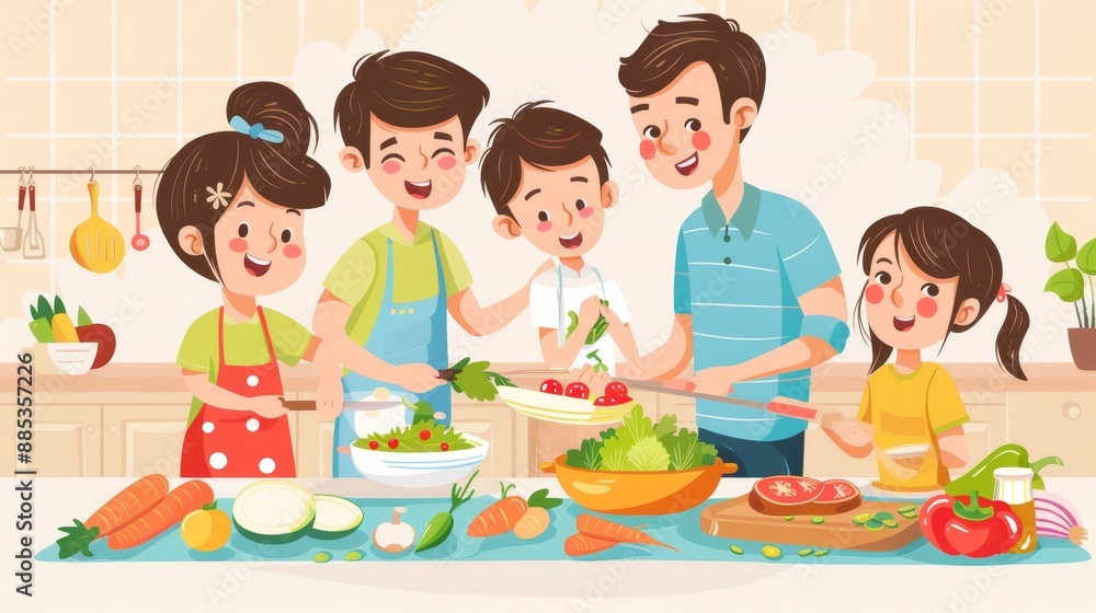 A happy family prepares vegetables for salad. A happy family prepares vegetables for salad.