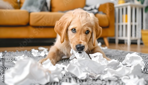 Cute Golden Retriever puppy playing with crumpled paper in the living room, messy and full of white papers on floor, wide shot