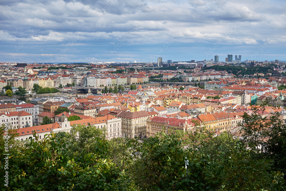 Cityscape view of Prague, capital of Czech republic, view from the Petrin hill park Cityscape view of Prague, capital of Czech republic, view from the Petrin hill park