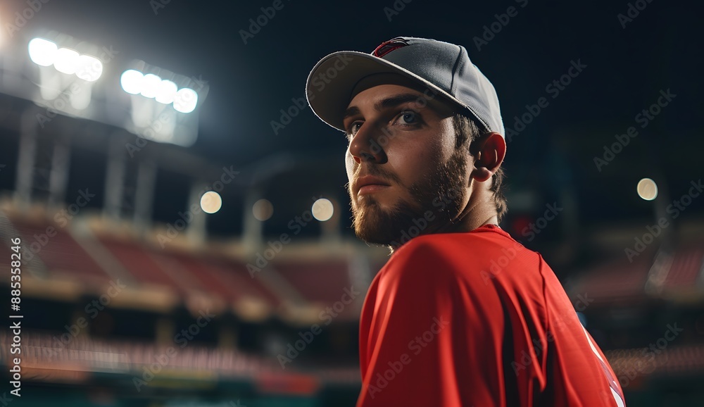 Baseball player in a red shirt and grey cap standing on a stadium at night, looking away from the camera, with sharp focus, Baseball player in a red shirt and grey cap standing on a stadium at night, looking away from the camera, with sharp focus,