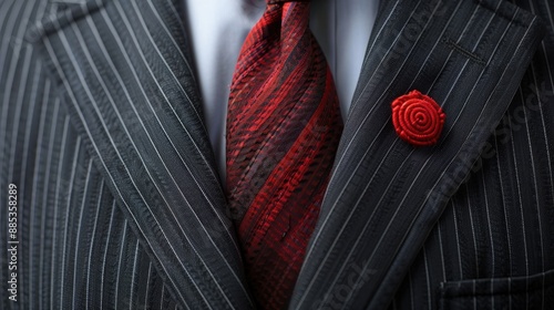 Grey pinstripe suit with three tiered rosette for custom text suitable for votes awards and politics