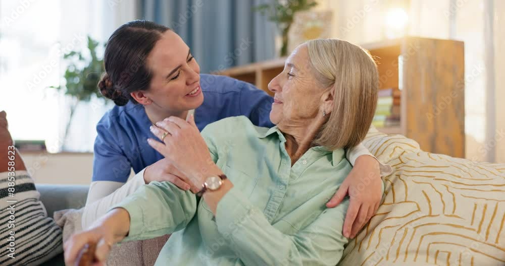 Smile, caregiver and hug elderly woman at retirement home for support, healthcare and wellness of medical help. Happy, nurse and patient relax on sofa for communication, embrace and care for recovery Smile, caregiver and hug elderly woman at retirement home for support, healthcare and wellness of medical help. Happy, nurse and patient relax on sofa for communication, embrace and care for recovery