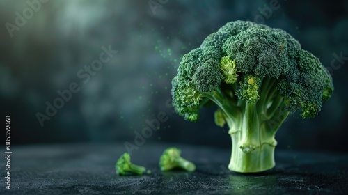 Green Broccoli on dark background Healthy eating idea Space for text Focus on foreground photo