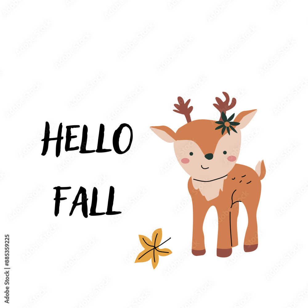 Fototapeta premium Autumn fall card template with seasonal leaves and items. Celebration design with childrens forest animal and harvest elements.