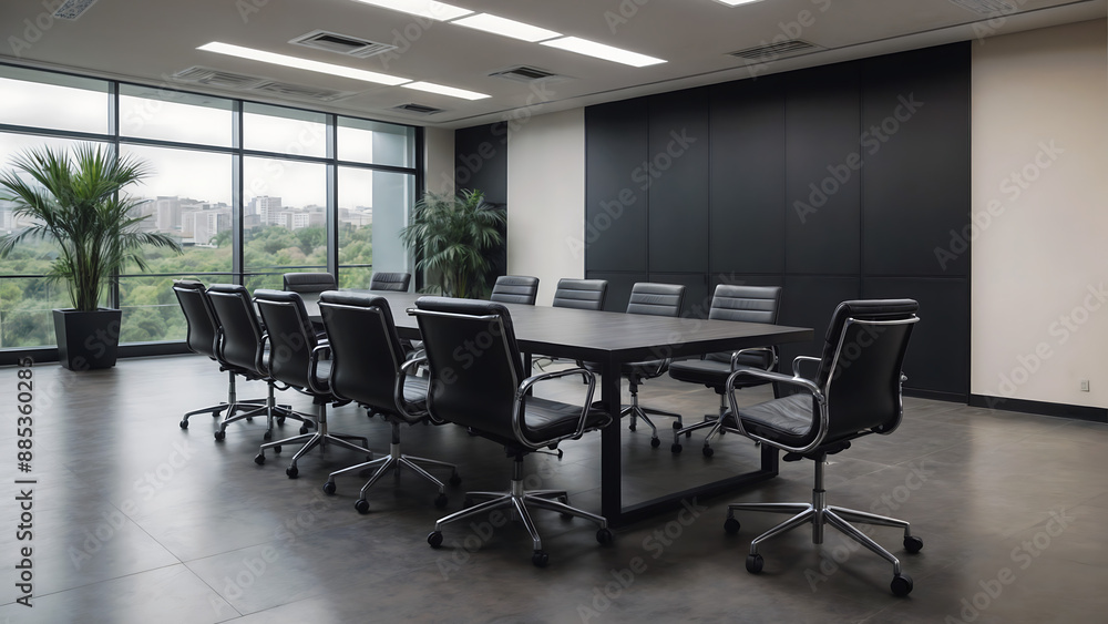 Nobody in the modern and elegant empty company office interior with black chairs and mat black metal table sitting on a shiny gray floor with tropical plants, seminar conference meeting boardroom Nobody in the modern and elegant empty company office interior with black chairs and mat black metal table sitting on a shiny gray floor with tropical plants, seminar conference meeting boardroom