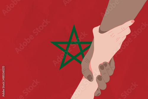 Helping hand against the Morocco flag. The concept of support. Two hands taking each other. A helping hand for those injured in the fighting, lend a hand photo