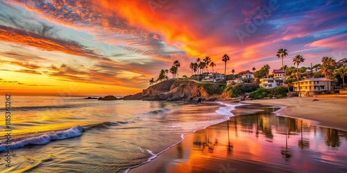 Beautiful Laguna Beach at sunset, with vibrant orange and pink hues reflecting off the calm ocean waters