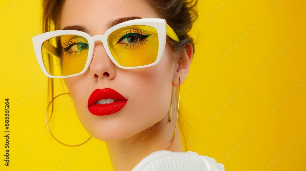 A woman with red lipstick and yellow sunglasses. She is wearing a white shirt and gold hoop earrings. bright girl in exclusive colorful glasses A woman with red lipstick and yellow sunglasses. She is wearing a white shirt and gold hoop earrings. bright girl in exclusive colorful glasses