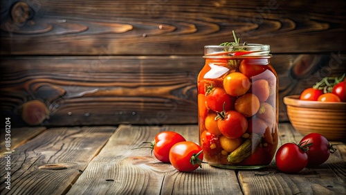 Pickled tomatoes in a clear glass jar on a rustic wooden table, pickled tomatoes, jar, preserved, food, condiment photo