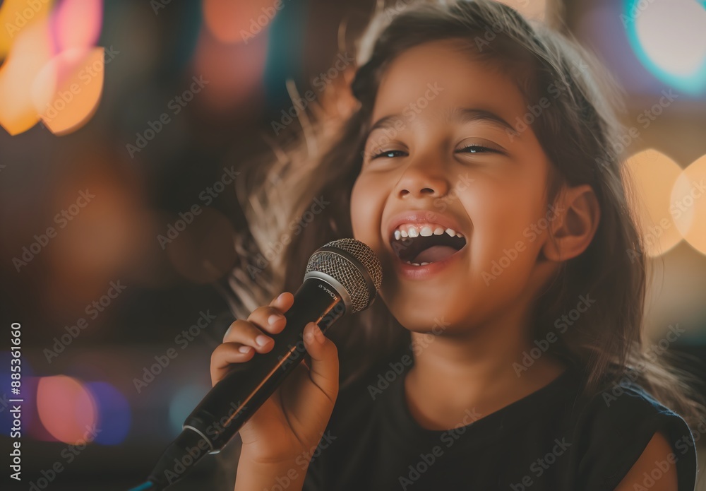Cute little girl smiling and holding a microphone while singing in front of an audience during a karaoke competition in a closeup photo with copy space on the right side. Cute little girl smiling and holding a microphone while singing in front of an audience during a karaoke competition in a closeup photo with copy space on the right side.