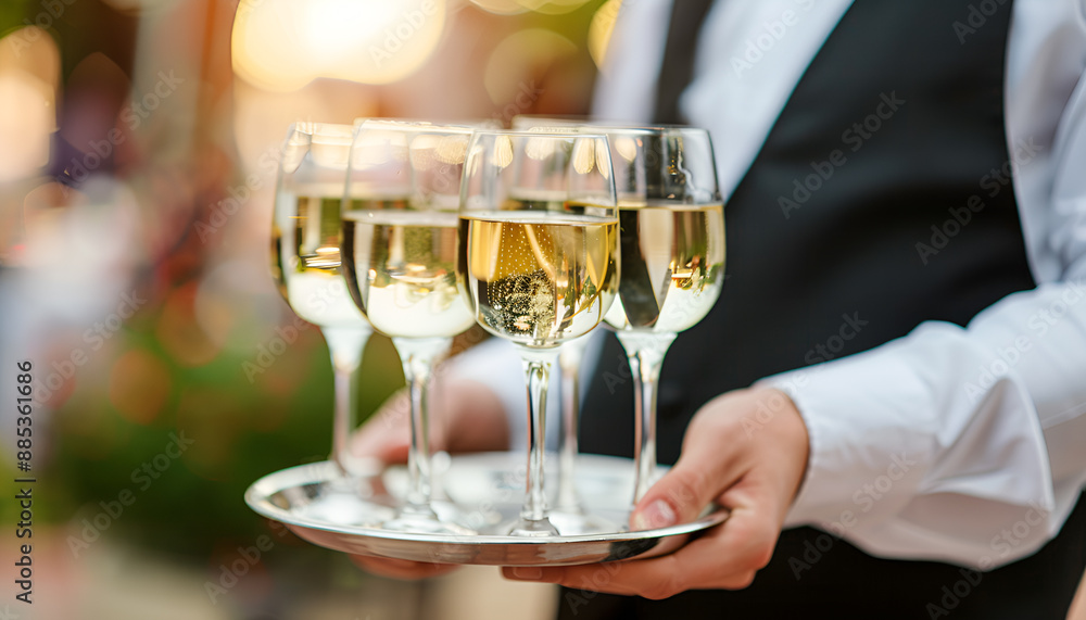 catering or celebration concept. Waiter holding a tray with glasses of vine at party catering or celebration concept. Waiter holding a tray with glasses of vine at party