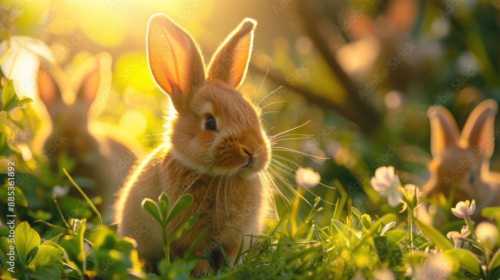 Newborn bunnies hopping around a sunny barnyard with a backdrop of fresh spring grass and blooming plants Newborn bunnies hopping around a sunny barnyard with a backdrop of fresh spring grass and blooming plants
