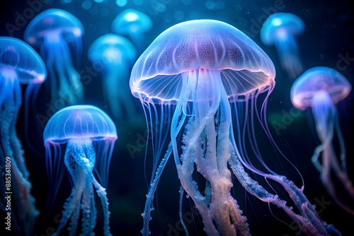 Glowing jellyfish illuminate dark abyssal landscape, abyssal, glow, darkness, underwater